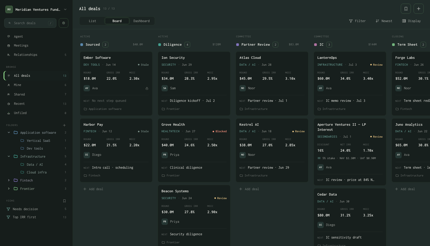 Veia Portfolio Board — every company organized by stage, status, owner, and next action